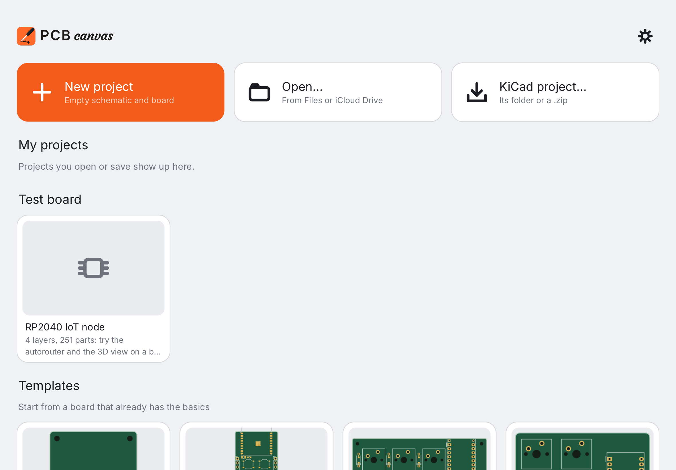The projects screen
