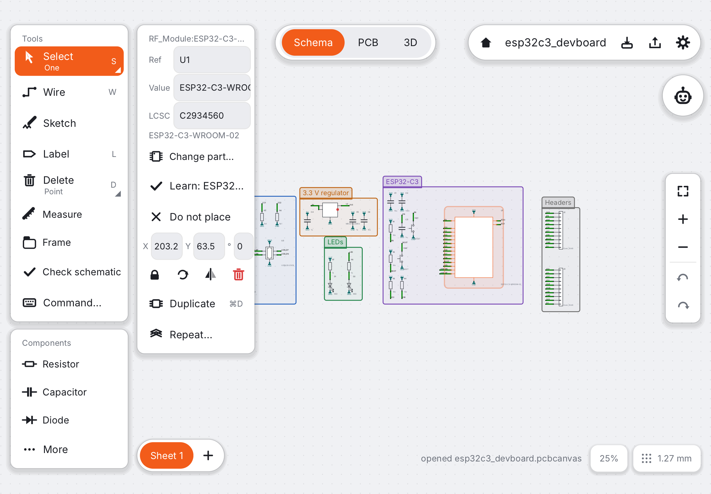El esquemático de la placa ESP32-C3 con una pieza seleccionada