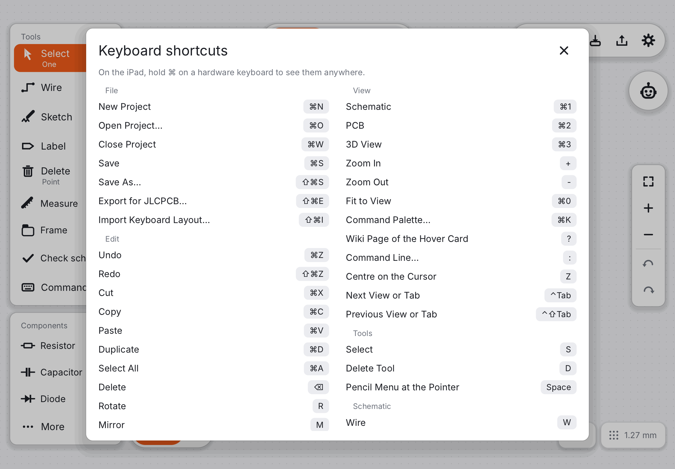 The keyboard shortcuts panel