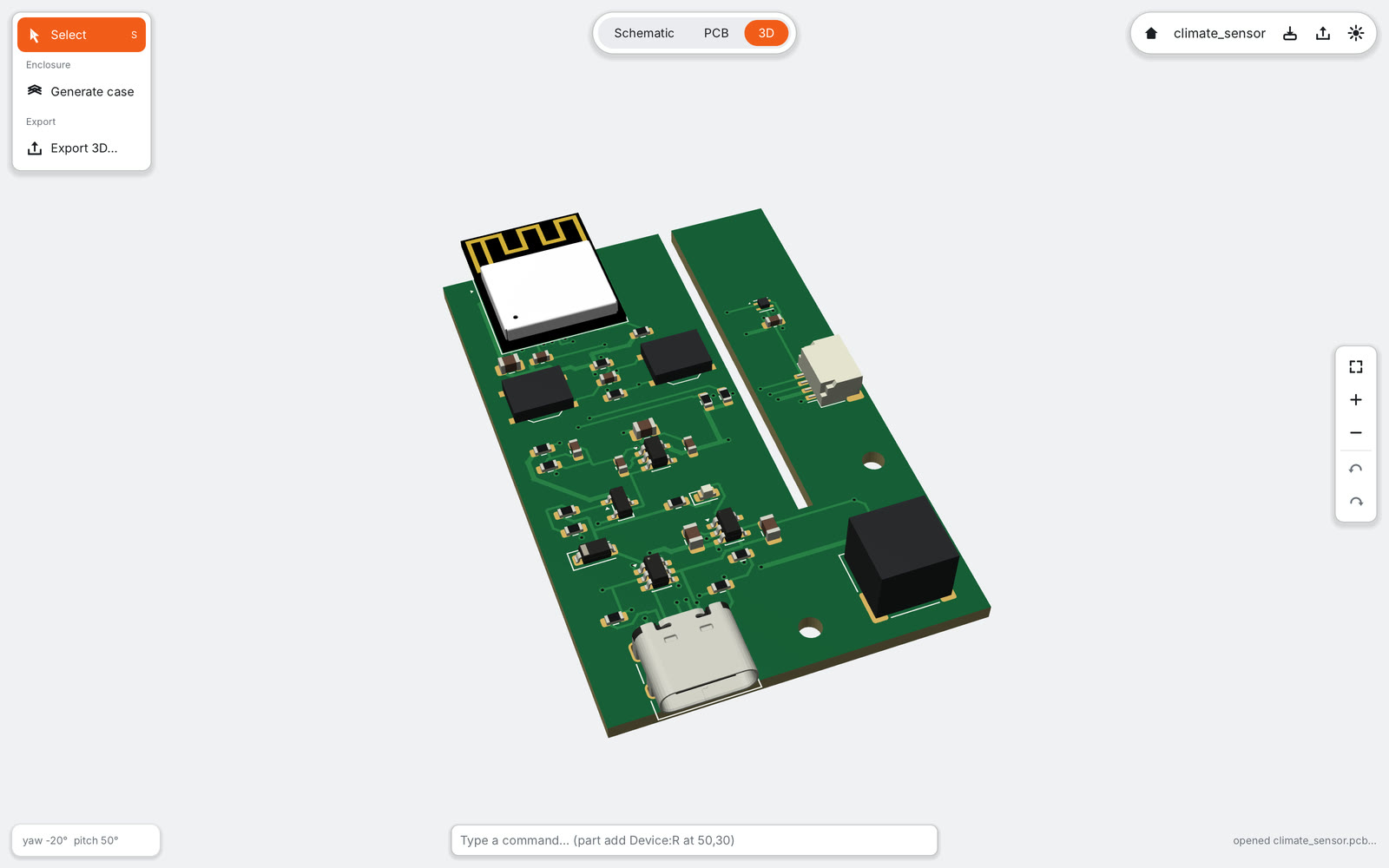 3D view of the battery climate sensor with the sensor on a separate tongue