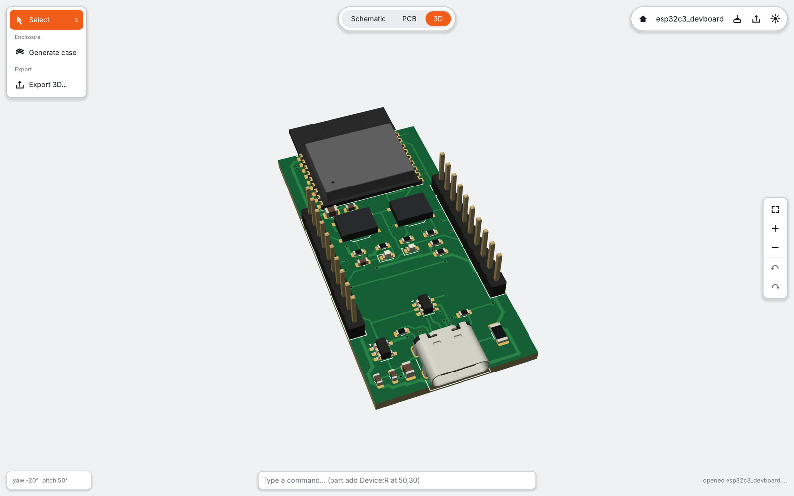 3D view of the ESP32-C3 dev board
