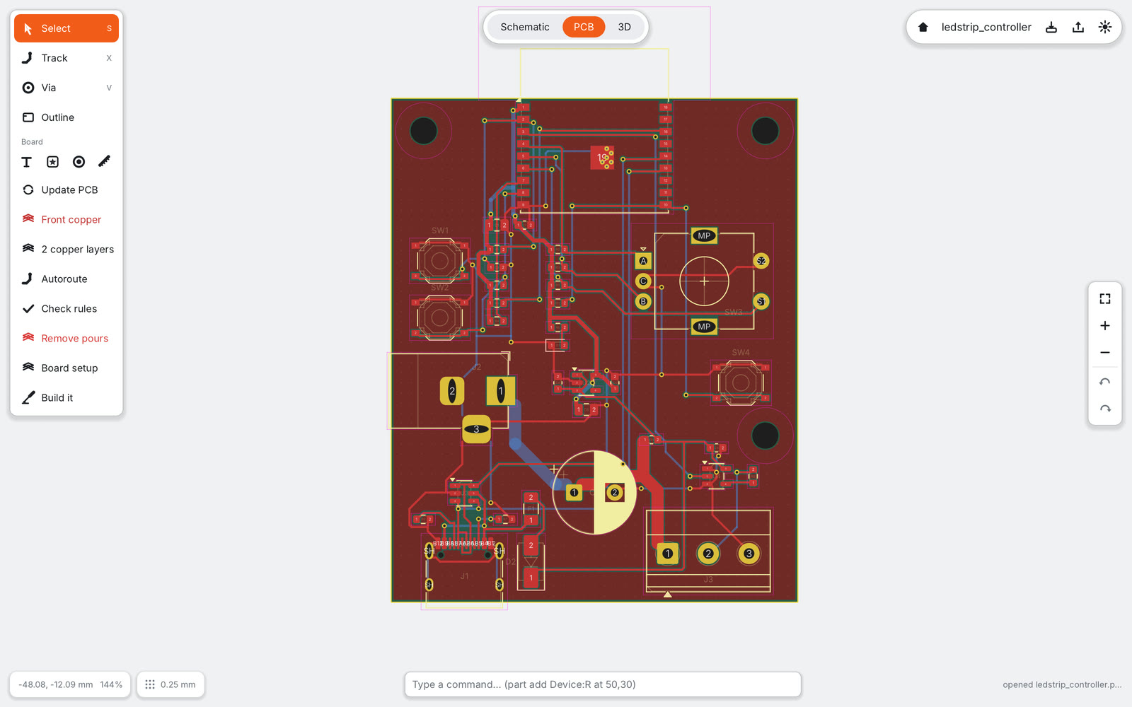 PCB view of the LED strip controller with wide power tracks