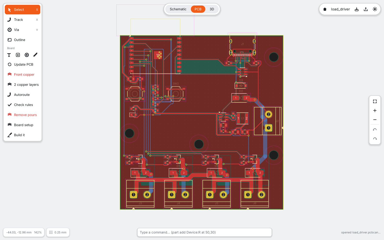 PCB view of the 12 V load driver with four MOSFET channels