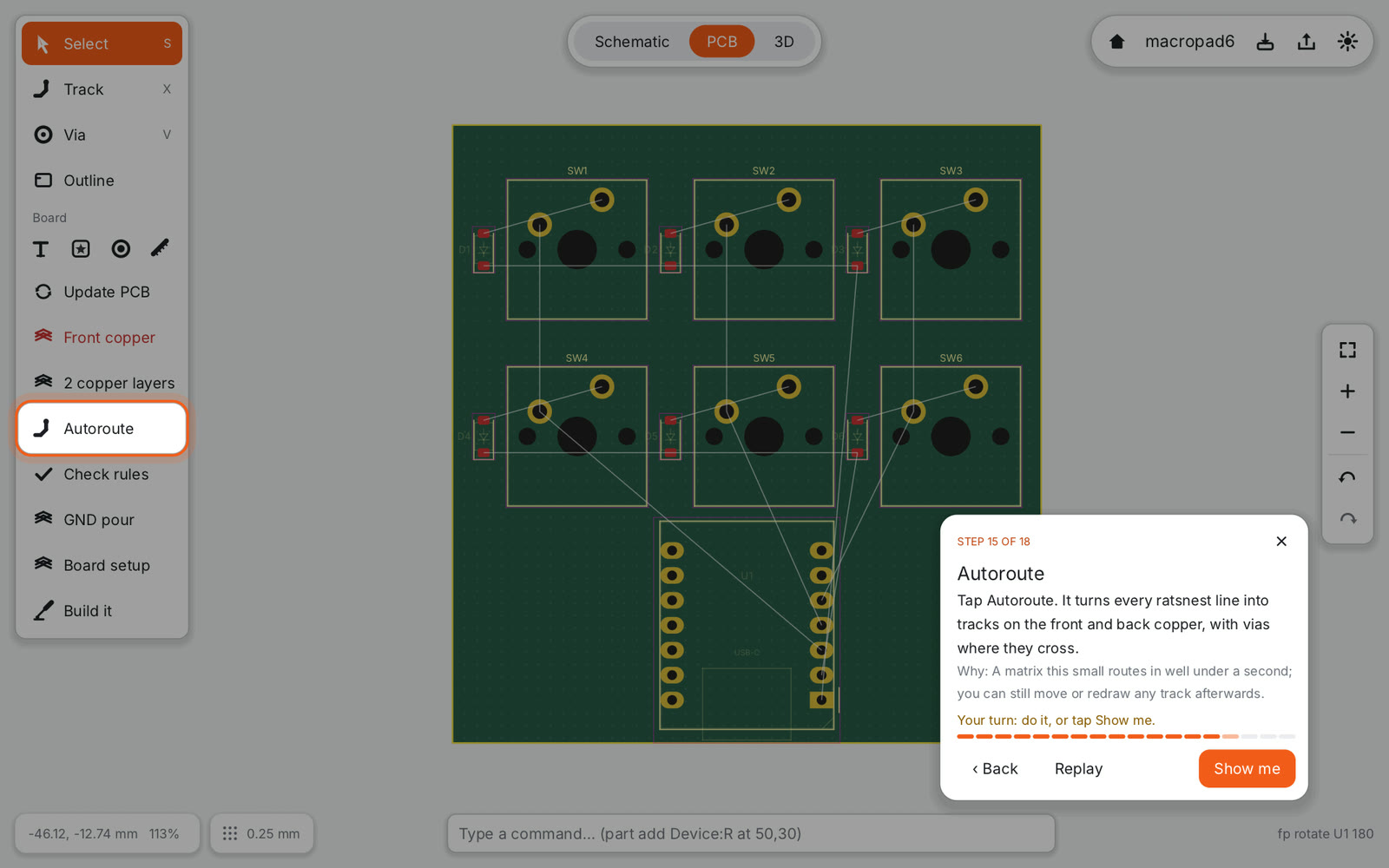 The 6-key macropad from the first tutorial after autorouting, in PCB mode