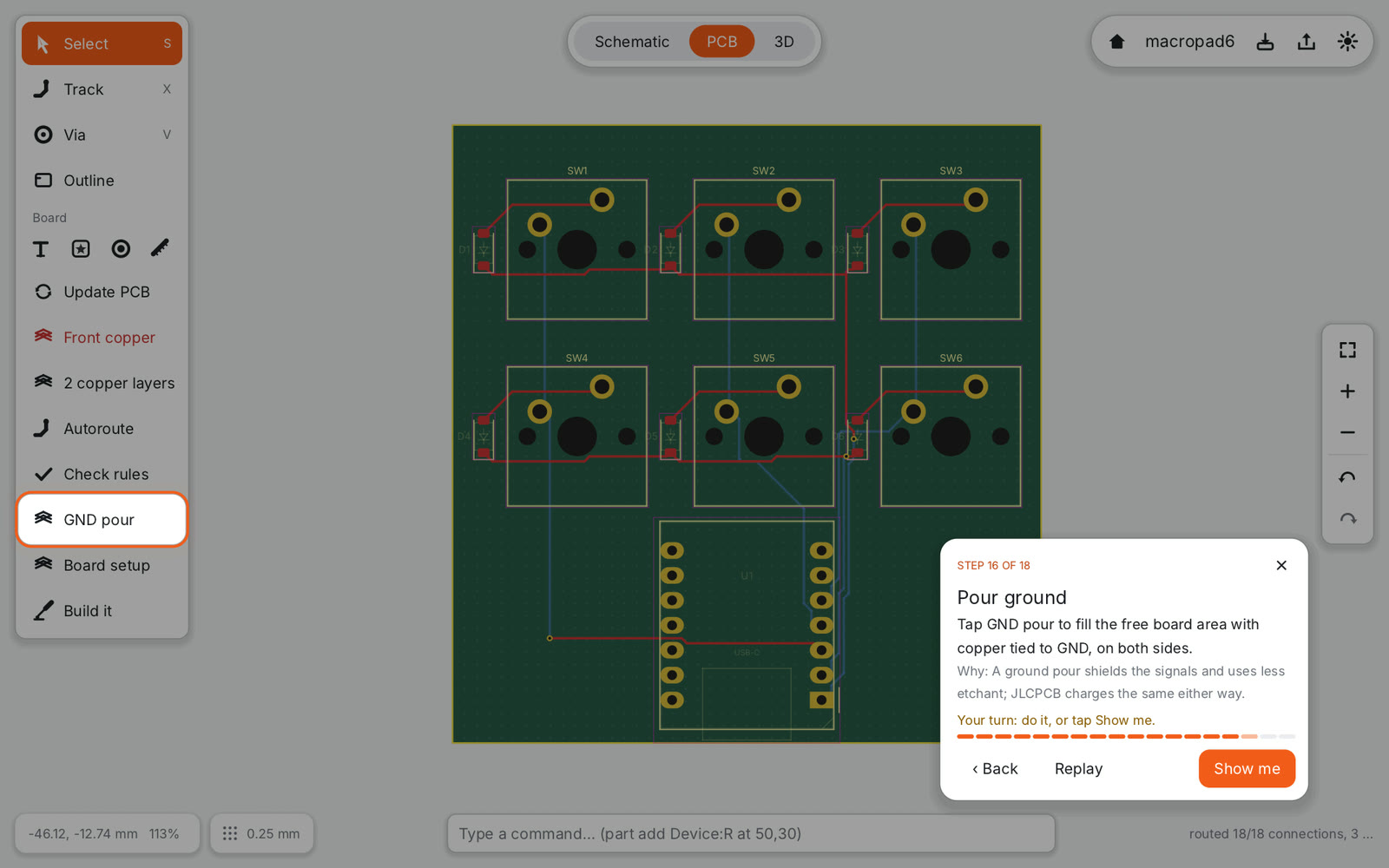 The macropad board filled with ground copper on both sides
