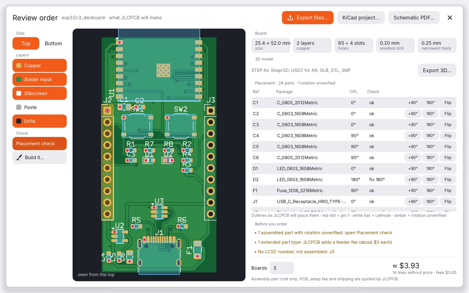 Order review with the placement check on: each assembled part drawn where JLCPCB will place it, with a per-part rotation table