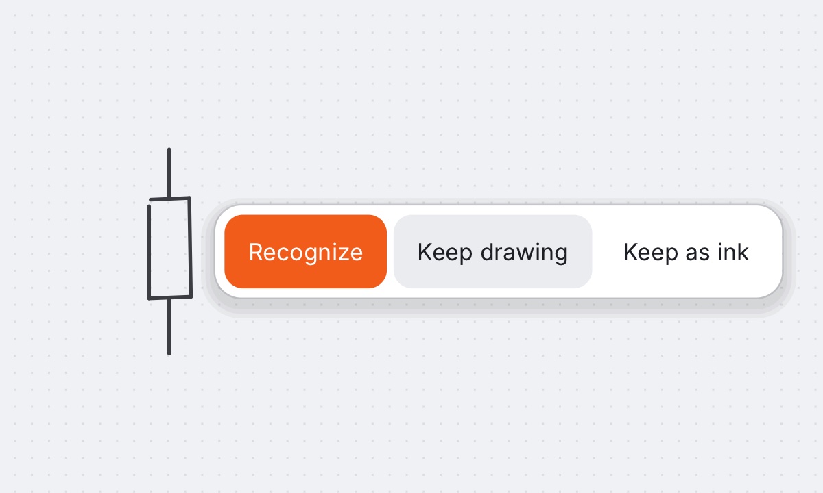 A hand-drawn resistor with the Recognize, Keep drawing and Keep as ink buttons next to it