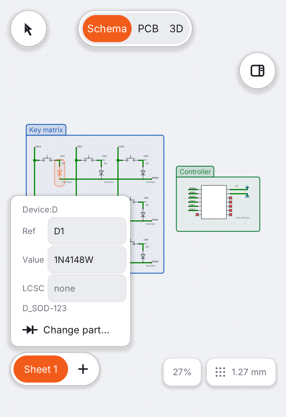 PCB Canvas on the iPhone Duo, folded: inspector
